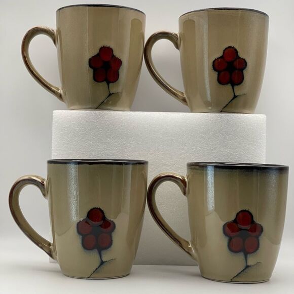 Pfaltzgraff Cream and Red Floral Dining Mugs- set of 4 - Picture 1 of 6